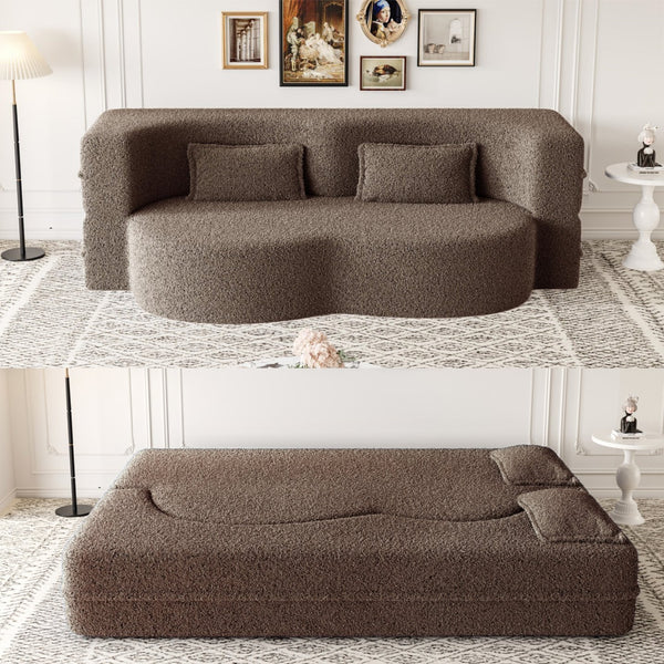 English Elm Modern Full Size Folding Sofa Bed with Teddy Fabric, 15" Foam Sleeper, Removable Covers & 2 Pillows for Guests Brown W1885P308287
