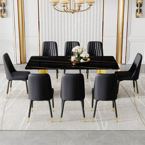 English Elm Table Set With Glass Top & Imitation Marble Finish - 8 Elegant Pu Chairs For Modern Dining Spaces W1151S04333-GIGA