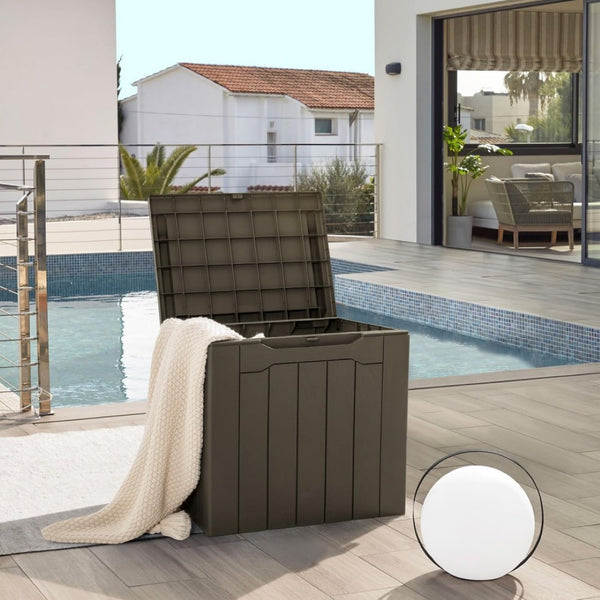 English Elm 30 Gallon Resin Outdoor Storage Deck Box with Lockable Lid and Seating for Patio Brown W2181P484990
