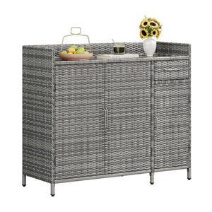 English Elm K&k Outdoor Wicker Bar Cabinet with Tempered Glass Top Adjustable Shelving and Drawer Grey N707P233745G