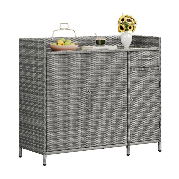 English Elm K&k Outdoor Wicker Bar Cabinet with Tempered Glass Top Adjustable Shelving and Drawer Grey N707P233745G