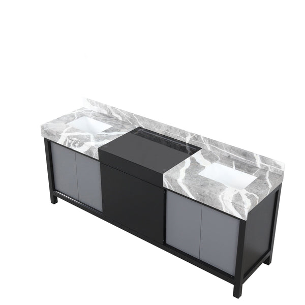 English Elm Black Double Bath Vanity 84" W With Castle Grey Marble Top - Elegant Storage & Modern Charm B2731P261129