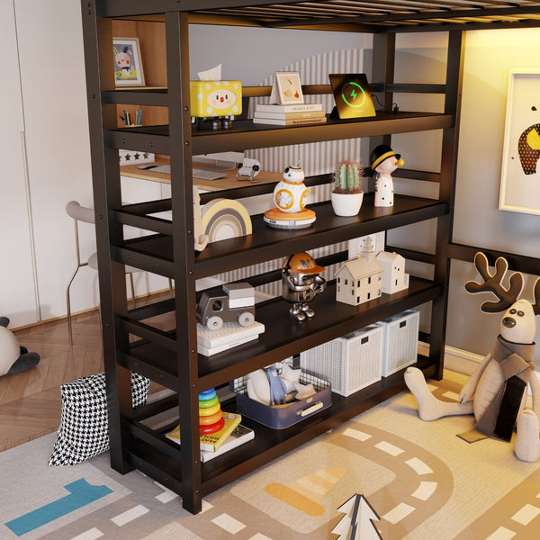 English Elm Full Metal Loft Bed with Stair Storage Rgb Lighting and Charging Station for Teens Black W2580S00074