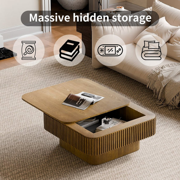 English Elm 31.5'' Square Wood Veneer Flip Top Storage Coffee Table with Slat Detail for Living Rooms Brown W1435P375248