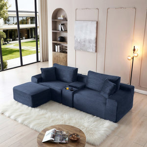 English Elm Modular Cloud Sectional Sofa with Corduroy Deep Seating Usb Ports and Storage Ottoman Blue W1117S00362