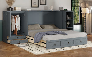 English Elm Queen Murphy Bed with Wardrobe Cabinets Built-in Usb Charging and Concealed Drawers Gray LP000590AAE