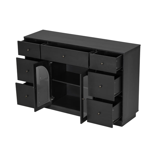 English Elm Christopher Knight Home® - Cabinet roomy storage console with 2 doors, 7 drawers, glass accents and manufactured wood build, large Black N780P330601B