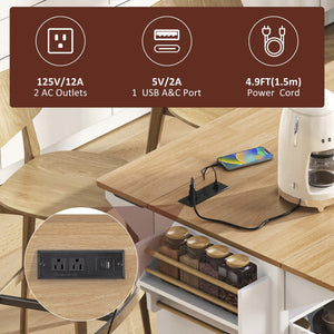 English Elm K&k Fluted Rolling Kitchen Island Faux Marble Top Power Outlet Storage Drawers White N707P353934W