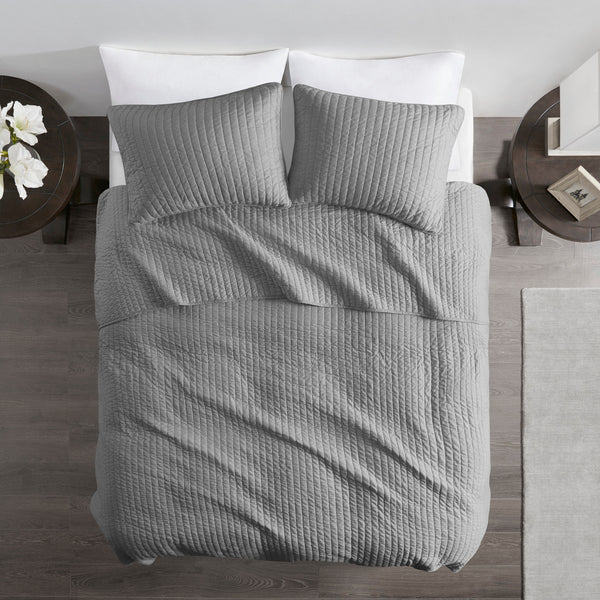 English Elm 3 Piece Quilt Set Keaton Reversible Brushed Microfiber Full/Queen with Antimicrobial Freshness and Cozy Channel Quilting Grey 15.35 L x 17.72 W x 5.91 H B035129038