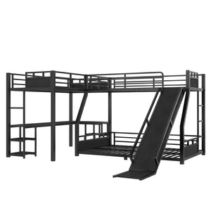 English Elm L-shaped Metal Triple Bunk Bed with Slide Desk and Storage for Shared Kids Rooms W1580S00568