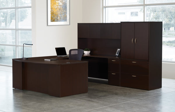 OSP Home Furnishings Napa Executive U-shaped Desk with Hutch Filing Cabinet and Spacious Work Surface Espresso NAPESP-TYP213
