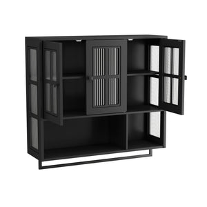 English Elm Bathroom Wall Cabinet with 3 Doors and Glass Panel, MDF Storage Cabinet with Towel Bar, Modern 35.6"L x 10.2"W x 32.5"H Black W757P329724