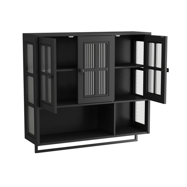 English Elm Bathroom Wall Cabinet with 3 Doors and Glass Panel, MDF Storage Cabinet with Towel Bar, Modern 35.6"L x 10.2"W x 32.5"H Black W757P329724