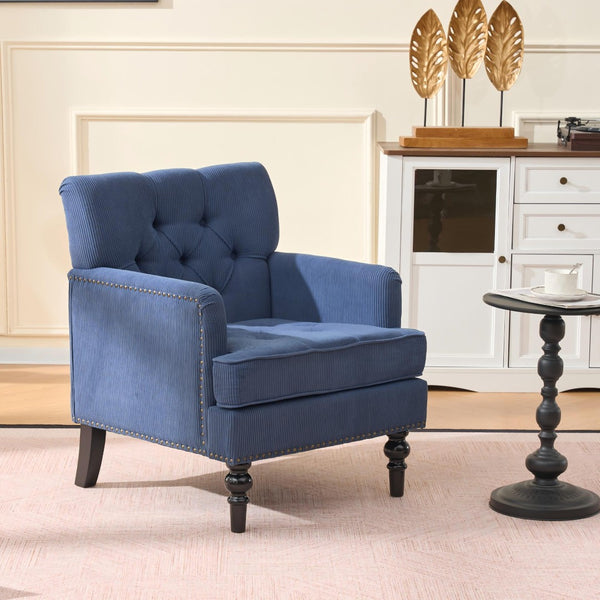 English Elm Tufted Button Corduroy Accent Chair Mid Century Studded Armchair for Living Room Blue W3523P387528
