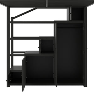 English Elm Queen Metal Loft Bed with Wardrobe Shelves and Staircase Storage in Matte Black N7090004203B