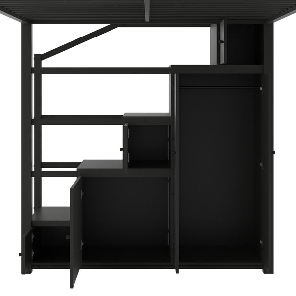 English Elm Queen Metal Loft Bed with Wardrobe Shelves and Staircase Storage in Matte Black N7090004203B