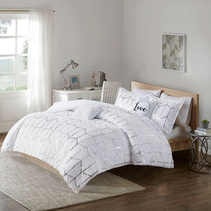 JLA Home Intelligent Design - Metallic ultra-soft microfiber comforter set with geometric silver print, antimicrobial freshness and luxe pillows White/Silver ID10-1819