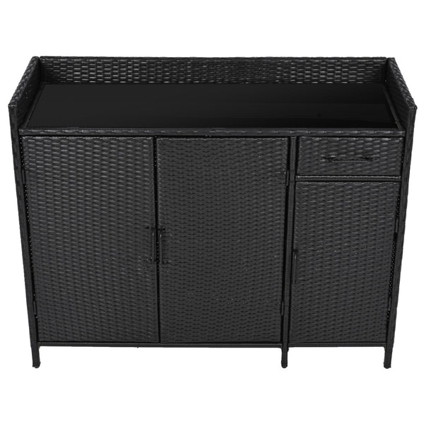 English Elm K&k Outdoor Wicker Bar Cabinet with Tempered Glass Top Adjustable Shelving and Drawer Black Brown N707P233745B