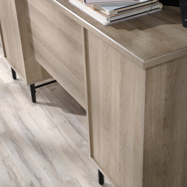 English Elm Executive Desk with Large Desktop, Light Oak & White Accents, File Drawers, Durable Metal Base B356P367821