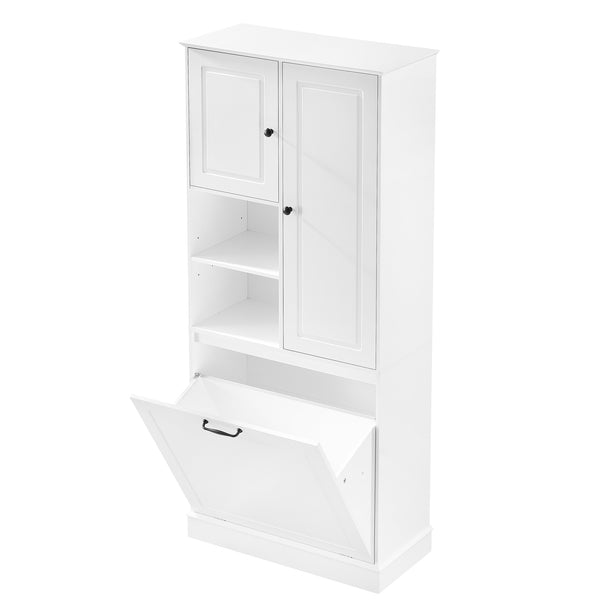 English Elm Tall Storage Cabinet with Flip-Out Basket, Adjustable Shelves & Aluminum Handles for Organized Living White N725P322739K