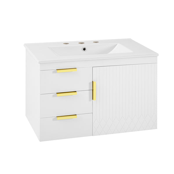 English Elm 30" Wall Mounted Bathroom Vanity with Ceramic Basin Sink, Floating Storage, Soft-Close Doors, Modern Elegance White N710P324096K
