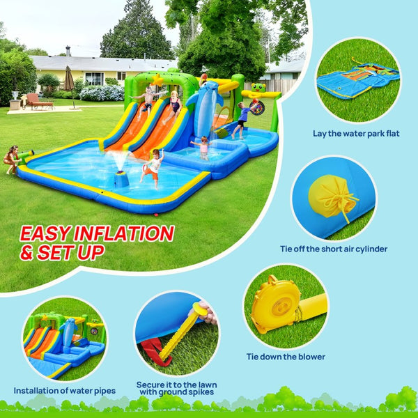 English Elm 9 in 1 Inflatable Bounce House Backyard Water Park with Slide Pool and Sprinkler W1677P247377