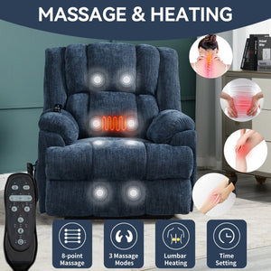 English Elm Dual Motor Power Lift Recliner Chenille Chair with Massage Heat and Infinite Positions Blue W3224P288489