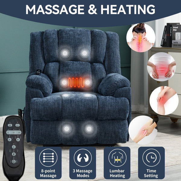 English Elm Dual Motor Power Lift Recliner Chenille Chair with Massage Heat and Infinite Positions Blue W3224P288489