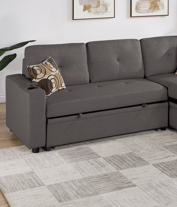 English Elm Ash Convertible Sectional Sofa with Pull-Out Bed, Reversible Storage Chaise, Cupholders, Tufted Elegance B011S01021