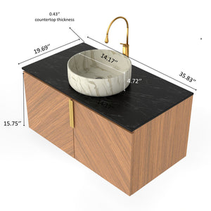 English Elm Arai 36" Wall-Mounted Bathroom Vanity With Black Stone Countertop, Ceramic Basin & Elegant Storage W2615S00354