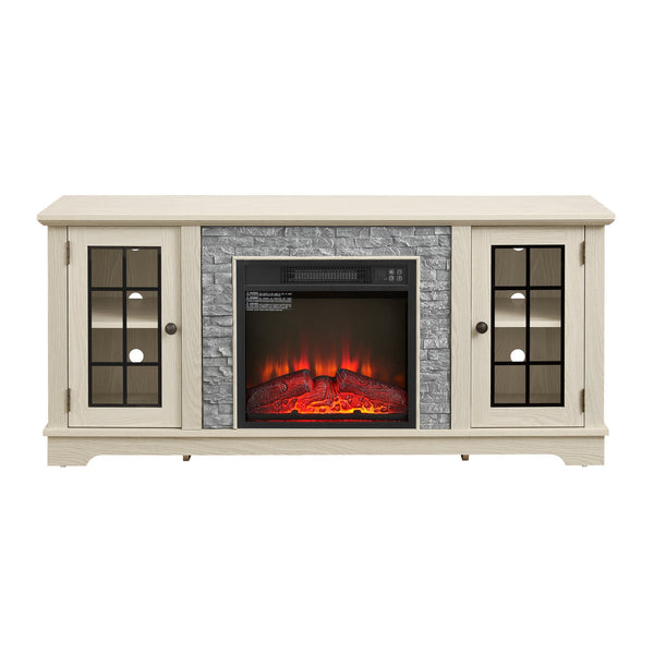 English Elm 58" Modern TV Stand with 18" Electric Fireplace, Faux Stone Mantel, Ample Storage & Cable Management for Living Room Comfort and Style White W2275S00025