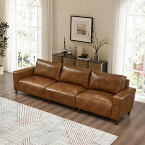 English Elm 112" Mid-century Faux Leather Three-seat Sofa with Rubberwood Legs for Living Room Brown W1097S00257