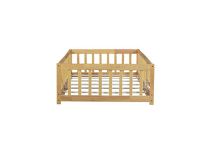 English Elm Twin Size Floor Bed With Safety Fence And Door – Eco-Friendly Rubber Wood, Low-Profile Design For Kids W504P286374-GIGA