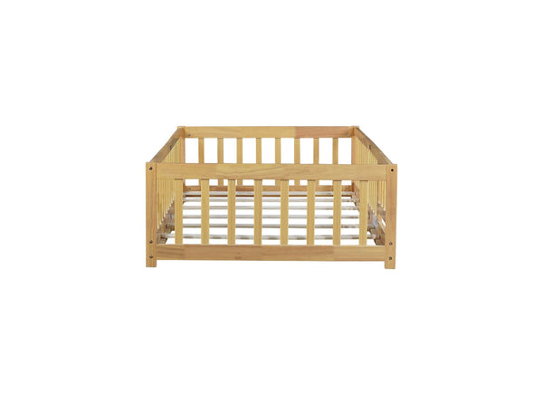 English Elm Twin Size Floor Bed With Safety Fence And Door – Eco-Friendly Rubber Wood, Low-Profile Design For Kids W504P286374-GIGA