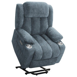English Elm Beca Slate Blue Upholstered Power Lift Recliner with USB, Cupholders, Plush Channeling & Pillow Arms — Cozy Movie Night Comfort B062P378402