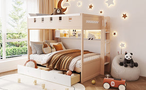 English Elm Full Size Castle Bunk Bed with Led Lighting Built in Shelf and Storage Drawers White LT000159AAK
