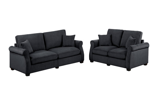 English Elm Black Corduroy Upholstered Sofa and Loveseat Set for Contemporary Living Rooms Black B011S02183