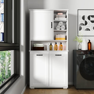 English Elm Laundry Cabinet with Tilt-Out Hampers, Adjustable Shelves, Freestanding White Storage Organizer W331S00168