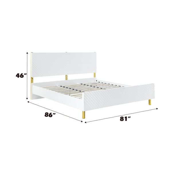 English Elm Gaines High Gloss Finish EK Bed Frame with Wave Pattern Design, 39 Slats, 660lb Capacity, KD Structure White 86 L x 19 W x 7 H B2726S00418