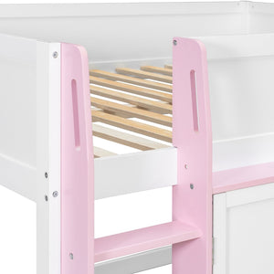 English Elm Twin House Loft Bed with Pull Out Rolling Desk Stair Drawers and Cabinet Storage N820S00074H
