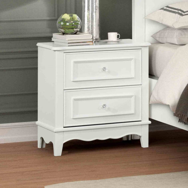 English Elm Traditional Two Drawer Nightstand White Finish Lychee Embossed Fronts Cedarwood Lined Bedroom B2741P435897