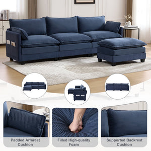 English Elm United We Win Modular Corduroy Sectional with Ottoman Low Profile Living Room Couch Navy W1568S00261
