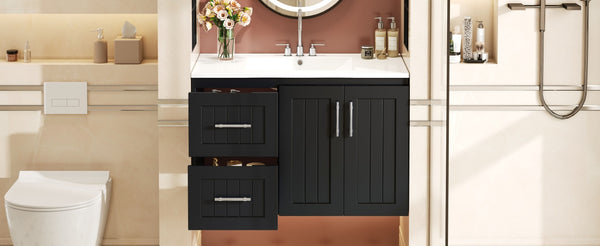 English Elm 36'' Wall Mounted Bathroom Vanity with Ceramic Sink, Solid Wood & MDF Floating Cabinet with Drawers Black N710P293299B