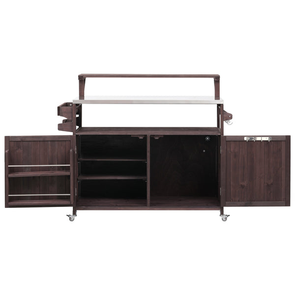 English Elm K&K 53.3" Outdoor Kitchen Island with 1.2" Stainless Top, Spacious Storage, Raised Shelf, Wheels Brown N707P250628Z