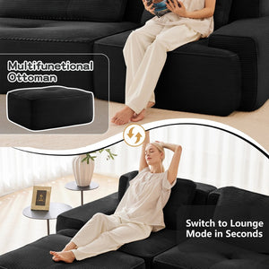 English Elm Modern Corduroy Sectional Sofa Deep Seat V Shape Tufted Couch with Movable Ottoman Black W714S01585