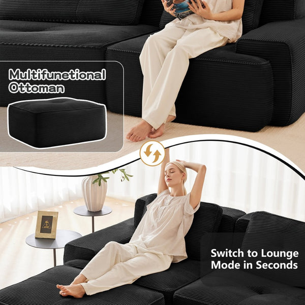 English Elm Modern Corduroy U-shaped Sectional with Tufted Cushions Deep Seat and Movable Ottomans Black W714S01791