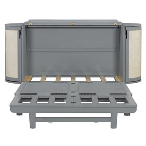 English Elm Full Murphy Bed with Woven Rattan Cabinet Front and Built-in Side Storage Units Gray LP000599AAE