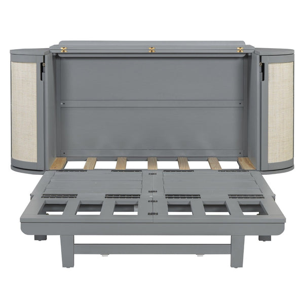 English Elm Full Murphy Bed with Woven Rattan Cabinet Front and Built-in Side Storage Units Gray LP000599AAE