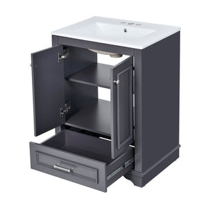 English Elm 24'' Bathroom Vanity with Ceramic Sink Combo Modern Freestanding MDF Cabinet with Soft-Close Doors and Sleek Silver Handles for Spacious Organized Bathroom Storage Blue Gray N710P194893C