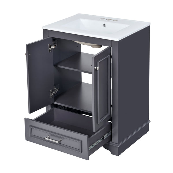 English Elm 24'' Bathroom Vanity with Ceramic Sink Combo Modern Freestanding MDF Cabinet with Soft-Close Doors and Sleek Silver Handles for Spacious Organized Bathroom Storage Blue Gray N710P194893C